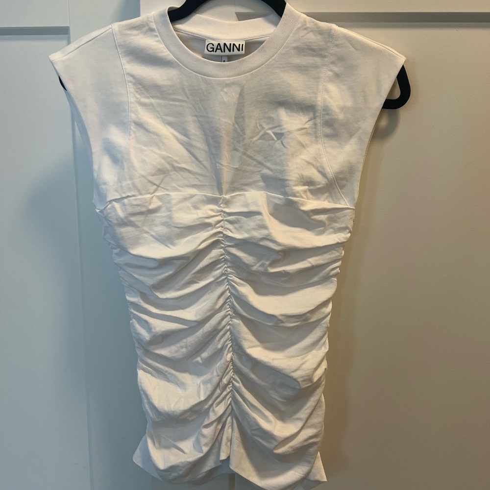 Ganni White Cotton Ruched Top